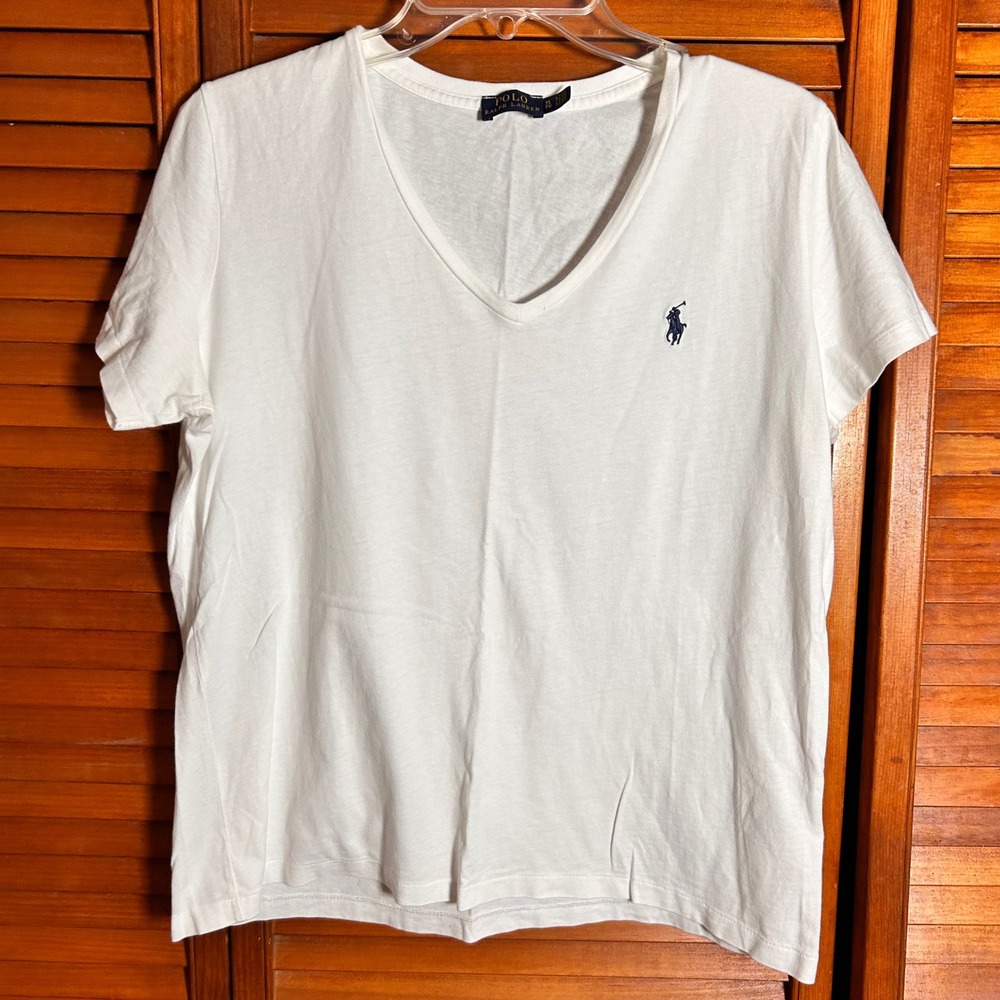 Polo Ralph Lauren Womens White V-Neck T-Shirt Navy Pony Logo XL
